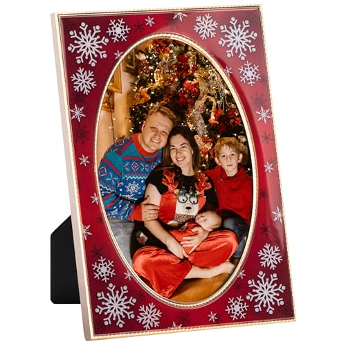 eletecpro 4x6 Christmas Picture Frame with Real Glass Cover, Oval Enamel Photo Frame for Wall or Tabletop Horizontal or Vertical Display, Ideal Gifts for Christmas Party, Holiday, Red