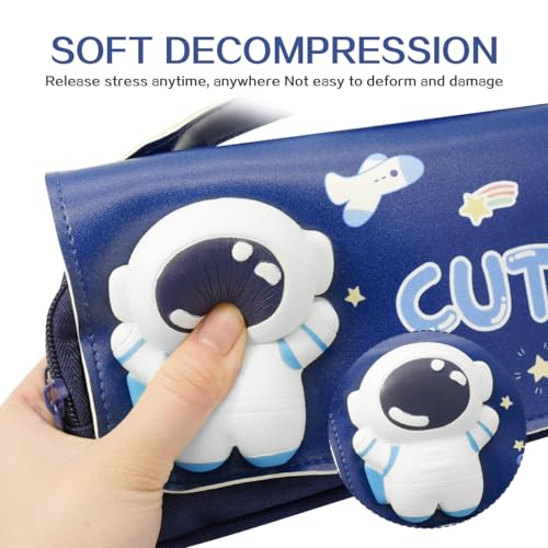 Image of Cute Astronauts Pencil Case for Kids,Kawaii Girls Pencil Pouch with Compartments,Stress Release Pencil Bag for Elementary Students(Blue), JieYaBiDai-007