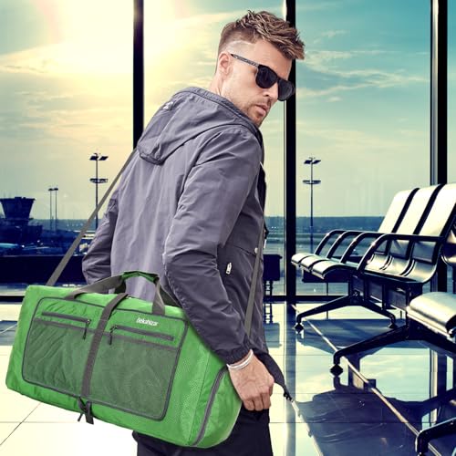 Bekahizar Leichte Faltbare Reisetasche 60L Große Travel Duffle Bag Übernachtung Taschen Verpackbar Reisegepäck Gym Sporttasche Mit Schuhfach für Herren Damen Flugzeug Camping Reisen Urlaub (grün)