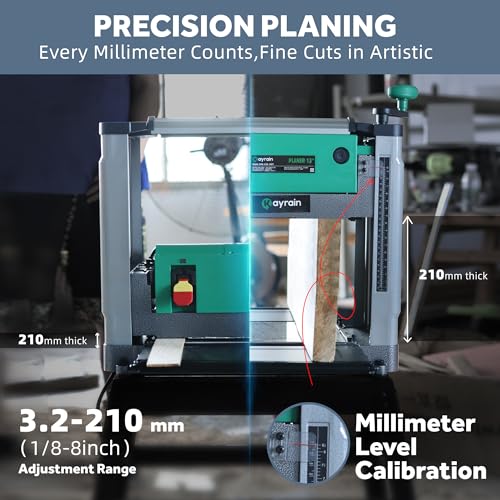 Kayrain 13\'\' Benchtop Planer 15A 2000W - HSS Double-sided Blade & 85% Dust Collection, 0.008\'\' Precision, 3-Yr Warranty for Hardwood/Softwood