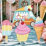 BrightRow 4 Pcs Ice Cream Party Decorations and Ice Cream Cone Cardboard Cutout for Birthday Party Booth Props, Summer Sweet Shop Large 24in PP Plastic Truck Cupcake Icepop Yard Signs Standees