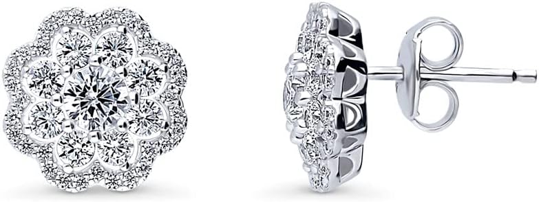 BERRICLE Sterling Silver Flower Cubic Zirconia CZ Halo Fashion Necklace and Earrings Set for Women, Rhodium Plated - Image 2