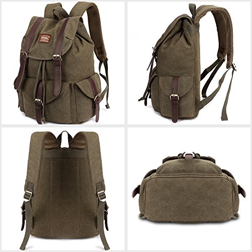 Vintage Canvas Backpack Kaukko Outdoor Travel Hiking Rucksack School Bookbags Army Green - Thumbnail 2