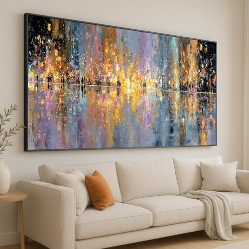 Toile abstraite paysage urbain nocturne coloré 55x100 cm