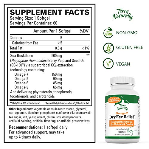 Terry Naturally Omega-7 Dry Eye Relief - 60 Softgels - Pack Of 2 - 500 Mg Sea Buckthorn - Eye Moisture Support Supplement - Omega-3, -6, And -9 - Non-Gmo, Gluten Free, Vegan - 120 Total Servings #TOP3