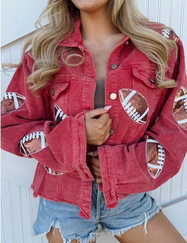 Perbai Womens Cropped Corduroy Jacket Football Sequin College Gameday Raw Hem Short Shacket Coat4