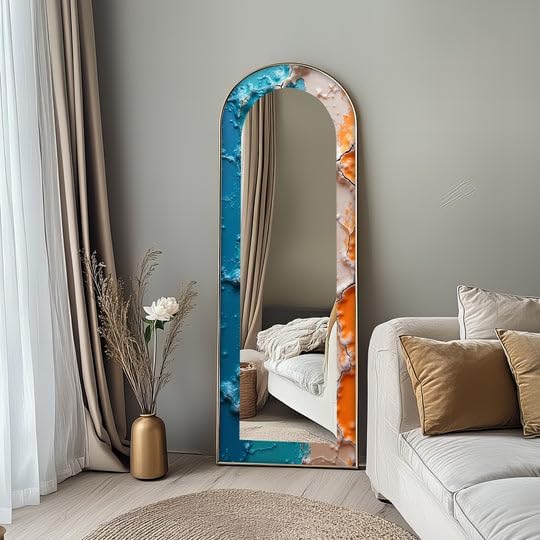 23,5’’W x 67’’H AquaCrack Fusion – Abstract Floor Mirror Arched Full Lenght Mirror - Arch Full Body Stained Floor Mirror with Black Frame with Black Frame