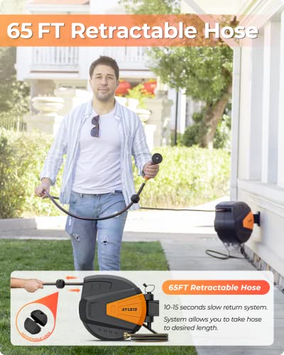 Image of Ayleid Retractable Rubber Hybrid Garden Hose Reel, 1 /2 inchx65ft Wall Mount | Anti-freeze, kink-free premium rubber hybrid hose, 24-month warranty, 9-pattern sprayer, any-length lock, slow auto-return.