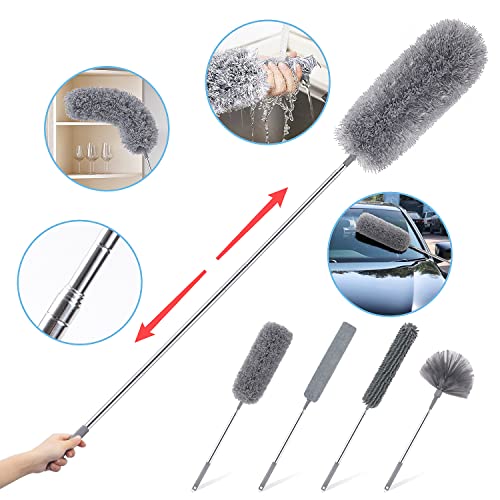 Thxmadam Dusting Tools Microfiber Dusters Kit For High Ceiling (5Pcs) Cobweb Duster With 30-100 Inches Stretch Extension Pole,Long Microfiber Feather Dusters For Cleaning Fan, Car, Furniture #TOP3