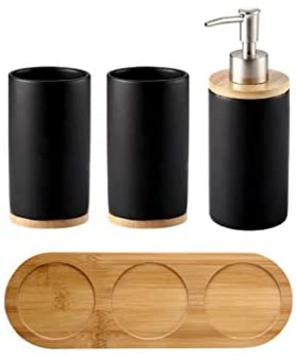 Set di accessori per il bagno, 4 pezzi, dispenser di sapone, bicchiere per spazzolino da denti, mensola in bambù, set da bagno da 4 pezzi, accessori da bagno in quattro pezzi, nero