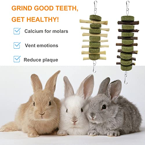 Rabbit Guinea Pig Bunny Chew Toys For Teeth Grinding Rozjovu Cage Hanging Toy Organic Rabbit Treats For Bunny Chinchillas Hamsters( Bamboo+Apple Sticks+Alfalfa Cakes+Timothy Hay) (2 Pcs) #TOP4