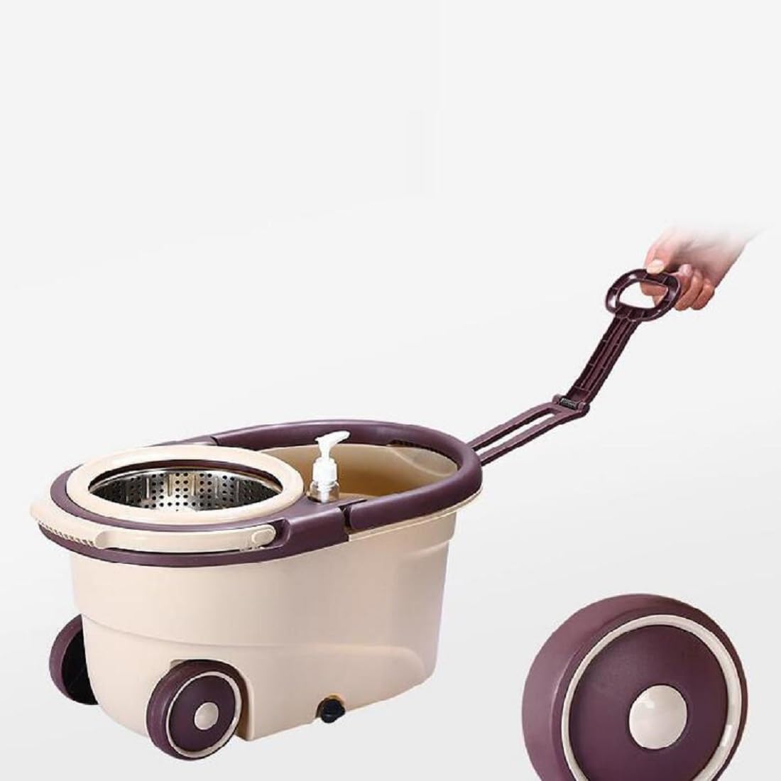 Juego De Fregona con Cubo, Cubo Fregona, con Poleas, Acero Inoxidable Mango Telescópico De 90-122 Cm, Mopas De Limpieza Suelos con Cubo, con 5 Cabezas De Microfibra, Color del Café