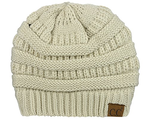 C.c Unisex Chunky Soft Stretch Cable Knit Warm Fuzzy Lined Skully Beanie, Beige #TOP3