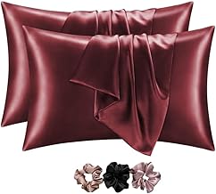 Solid Satin Silk Pillow Covers Pack of 2 with 3 Satin Scrunchies for Women – Hair & Skin Friendly, Stylish Silk Pillowcases Set (Maroon)
