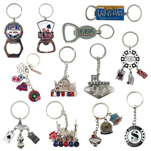 12 Pcs Las Vegas Keychain Metal Ring, 4 Bottle Openers, Poker Chip, Nevada License Plate, Casino,...