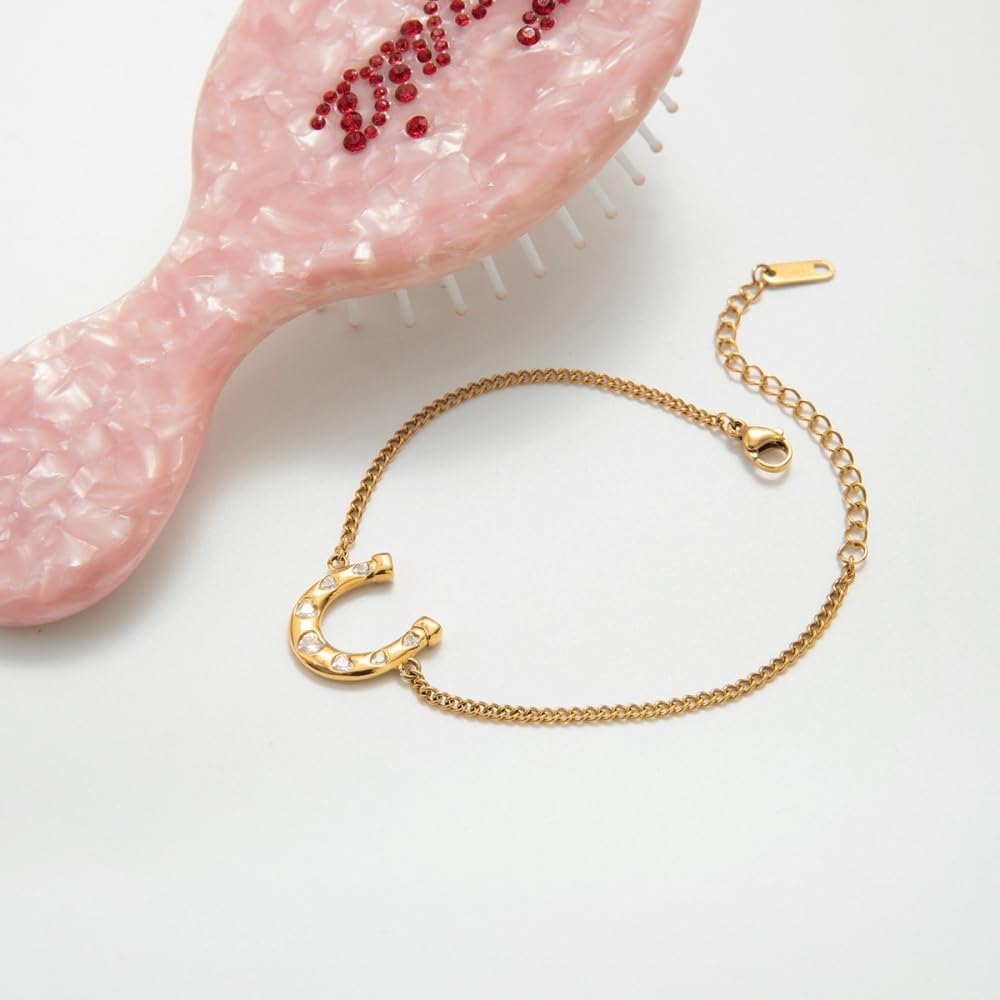 Horseshoe CZ Western Lucky Link Chain Bracelet for Women Dainty Stainless Steel Gold-tone Geometric U Shaped Horse Charm Bangle Adjustable Fashion Trendy Jewelry - Image 2