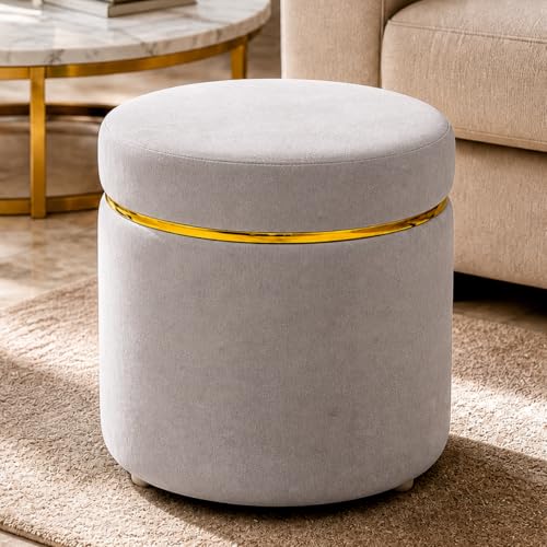 Image of Modern Velvet Puffy Ottoman Stool for Living Room | Round Footrest Pouffe with Gold Accent Band | Soft Cushioned Seat for Dressing Table, Bedroom & Home Decor (Silver Grey)