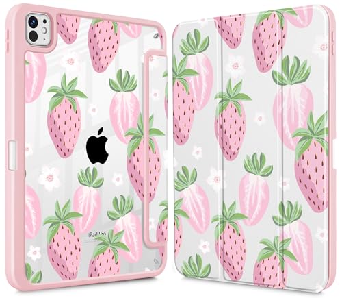 May Chen Case for iPad Pro 11-Inch M5/M4 2025/2024 (6th/5th Generation), [Penceil Holder] Trifold Stand Auto Wake/Sleep Clear TPU Protection Back Cover, Strawberries