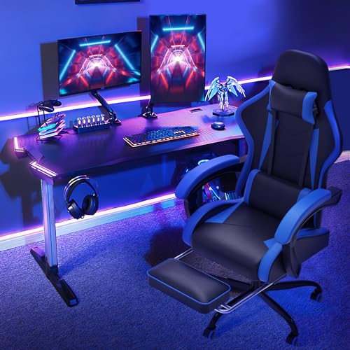 Miniatura 8 de Devoko Silla Gaming Con Masajeador, Silla Oficina Con Reposapiés, Silla Juego De Carreras Con Una Carga De 150kg, Respaldo Ajustable Alto Silla Ergonomica De Juegos Reclinable 90-135 Azul
