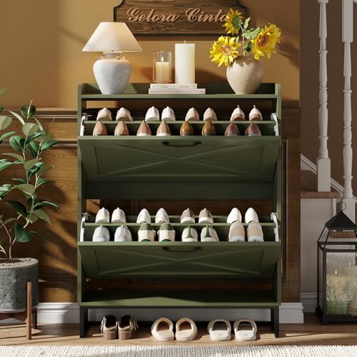 Image of Maupvit Shoe Storage Cabinet with 2 Flip Drawers, Freestanding Shoe Organizer with Metal Legs for Entryway, Narrow Shoe Rack Cabinet, Green