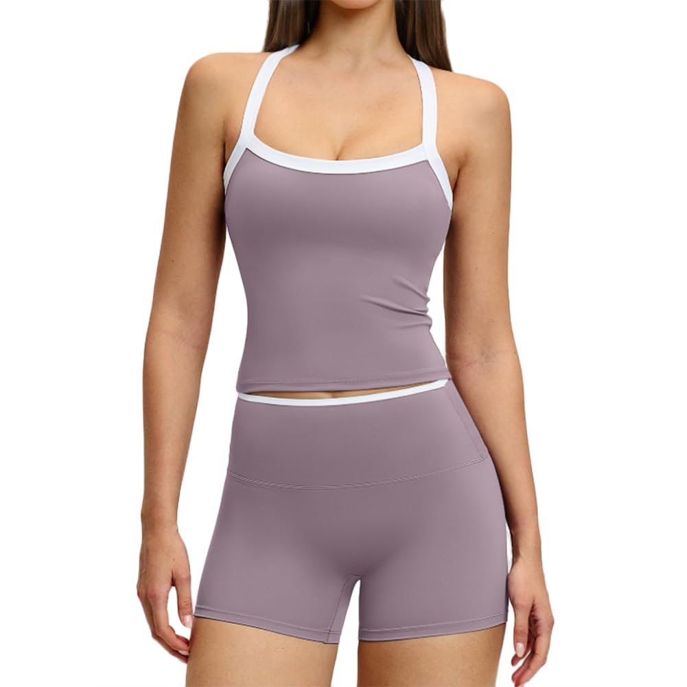 JPXJGT Yoga Set Color Contrasting Crossed Back Tight Yoga Clothes for Women Running Fitness(Size:M,Color:Purple)