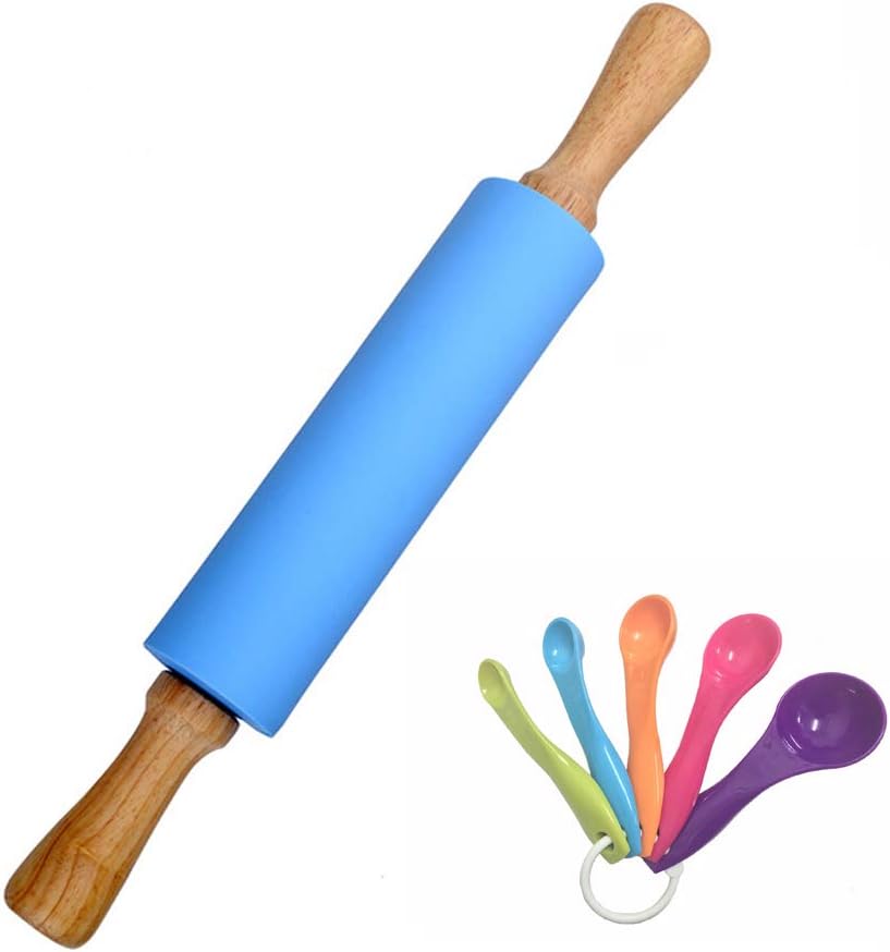 Silicone Rolling Pin for Baking Non-stick Surface Wooden Handle 15.15x2.17 inch with Free Measure Spoon(Blue)