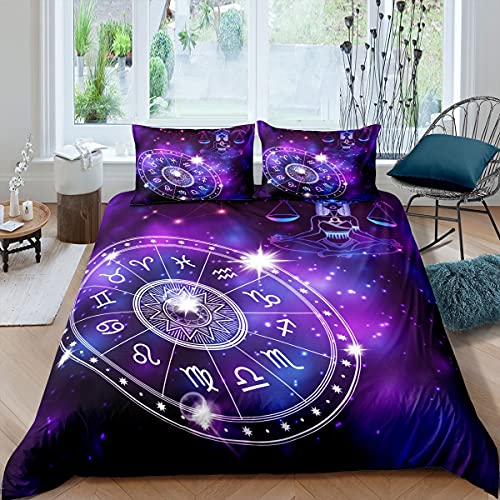 richhome Waage Sternzeichen Bettwäsche-Set,Sternenhimmel-Nebelgalaxie Bettwäsche Set 200x200cm,Stammesmädchen mit Horn Mandala Geometrisch Betten Set für Kinder Teenager 3St.Reißverschluss Mikrofaser Cover