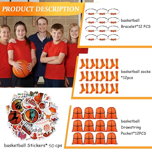 Panitay 12 Sets Basketball Party Favor Gift Sport Socks, Drawstring Bags, Stickers, Bracelets for Boys & Girls2