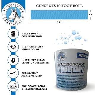 Burro Adhesives Waterproof White Pool Tape 4" x 10' - Heavy Duty PVC Vinyl Pool Repair for Underwater & Dry Applications, Commercial & Residential Pools, Instantly Seals Leaks