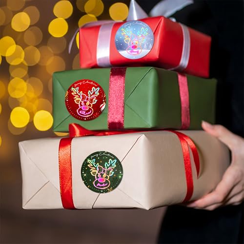 Image of Personalized Christmas Stickers - Custom Name Waterproof Christmas Gift Tags for Gift Box Xmas Holiday Decorations Party Favors - 30 Stickers (Neon Reindeer)