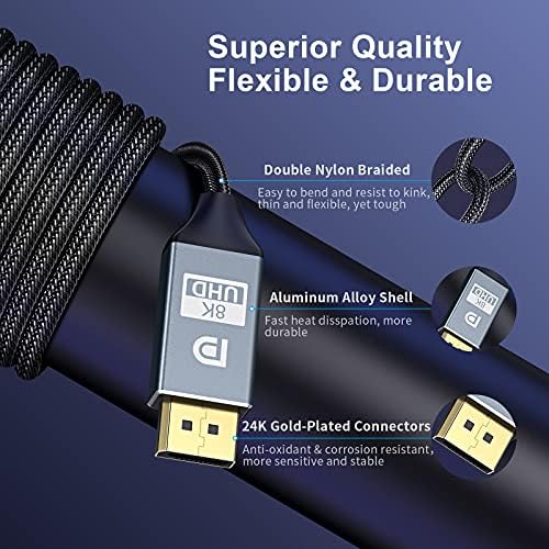 8K DisplayPort Cable 1.4 2m Veetop DP Cable 1.4 8K@60Hz 4K@144Hz 1080P@240Hz VESA Certified HBR3 32.4Gbps HDCP 2.2 HDR DSC 1.2 Nylon Braided DisplayPort to DisplayPort Cord for Gaming Monitor PC