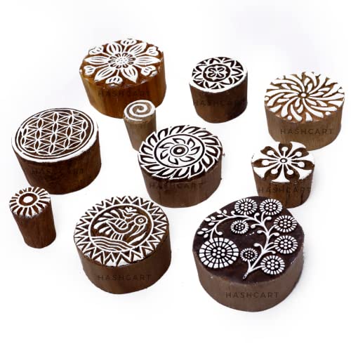 Image of Hashcart | Set of 10 | Round Shape Multi Floral Design baren for Block Printing | Wooden Stamps for Project Designing | Scrapbooking | Project Making | Clay | Pottery Craft