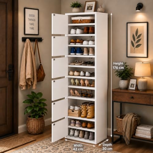 Image of 6-Door Engineered Wood Shoe Rack, 11-Tier Wooden Shoe Rack for Entryway, Shoe Storage Cabinet with Doors Adjustable Shelves, Wooden Shoes Rack Organizer - NEW (White, 11 - Layer)