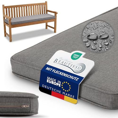 Beautissu Bankauflage Outdoor 100x40 cm Bankkissen Wetterfest - UV-Beständig Pflegeleicht Gartenbank Sitzkissen waschbar – 5cm dick Bankpolster Bezug abnehmbar Gartenmöbel Hellgrau – Calme BK