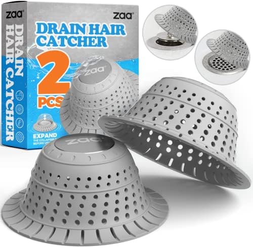 zaa Bathtub Drain Hair Catcher, 2 Pack Silicone Collapsible Drain Protector for Pop-Up and Regular Drains of Bathtub, Tub, Shower, Bathroom