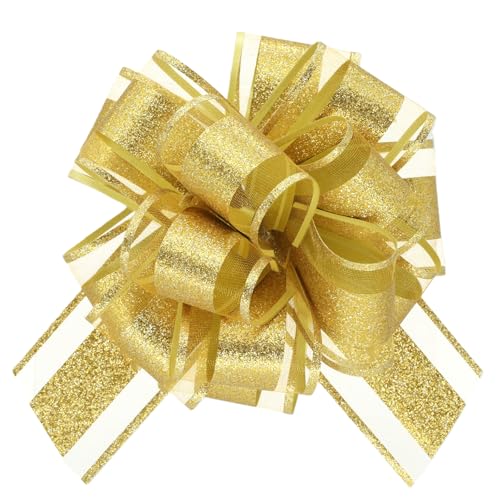 WEWILUCK Pull Bows for Gift Wrapping Gold Glitter Bows for Birthday Christmas and New Year 8 PCS 6 Inches Gift Bows with Ribbon for Any Decoration