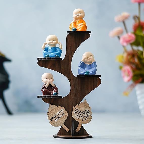 Image of Precious Art Gifts Buddha Monk Under Tree Showpiece Set of 4 for Home Decor | Monk Tree Statue with Wooden Stand | Meditation Buddha Figurines | Spiritual Gift & Office Table Decor