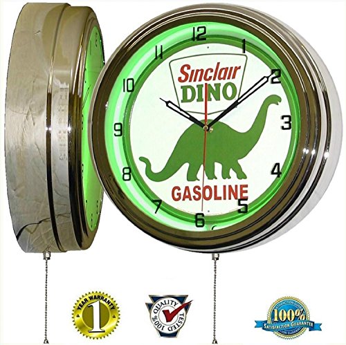 SINCLAIR DINO DINOSAUR 15" Green Neon Light Wall Clock With Vintage Tin Metal