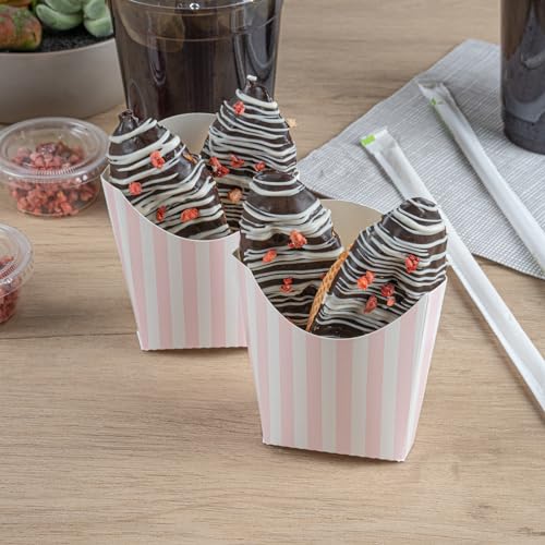 Restaurantware Bio Tek 3.9 x 2.6 x 3.5 Inch French Fry Cup 100 Disposable Snack Cups - Stackable Sustainable Pink And White Paper 2 Ounce Fry Holder For Fries Onion Rings Popcorn or Cookies by Restaurantware - Image 6