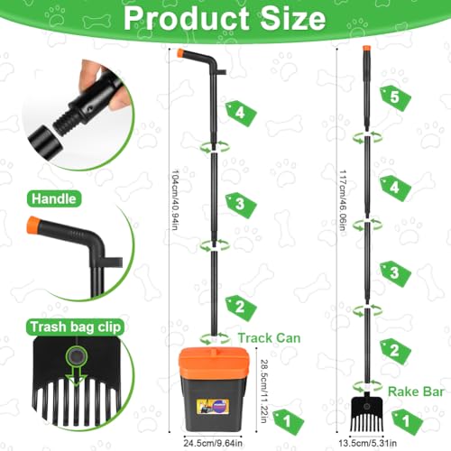 AMFUN Hundekotschaufel, 46' Großer Hundekotschaufel, Hundekotschaufel und Harke Set mit Verstellbarem Langem Griff, drehbar, für Große Mittelgroße Kleine Hunde Gras Kies, mit 50 Müllsäcken