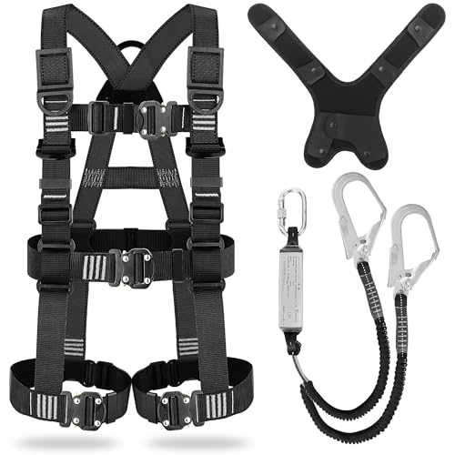 [TT TRSMIMA] フルハーネス 新規格 セット フルハーネス安全帯 - 安全保護 ワンタッチ バックル 脱着簡単 ハーネス安全帯 ランヤード付き 2丁掛け 肩パッド 収納袋付き 墜落制止用器具 高所作業用 電気工事 落下防止