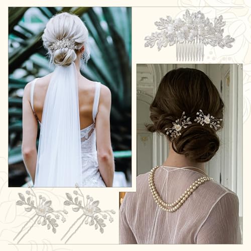 3 peças de acessórios de cabelo de casamento com flor de pérola de strass, pente de cabelo para casa