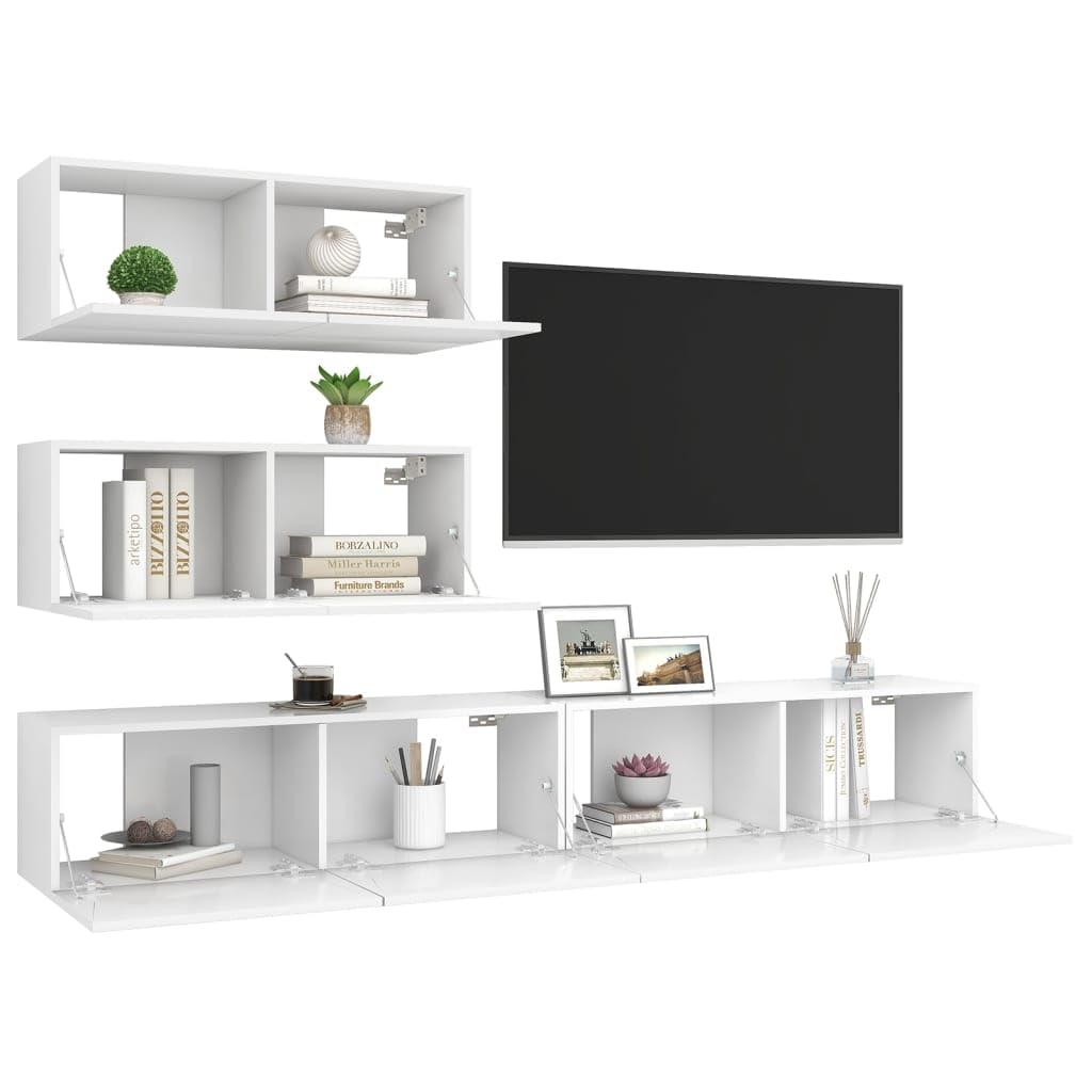 Mueble de TV colgante blanco de madera 4 piezas, 80/100 cm, diseño moderno, mucho espacio de almacenamiento para salón, pasillo, dormitorio