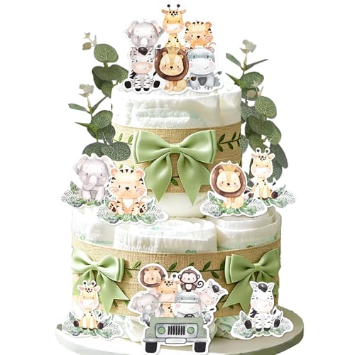 Jungle Diaper Cake Kit Safari Baby Shower Diaper Cake Decorations with Zoo Animals Cutouts Green Leaf Print Ribbon Gender Reveal Party Supplies