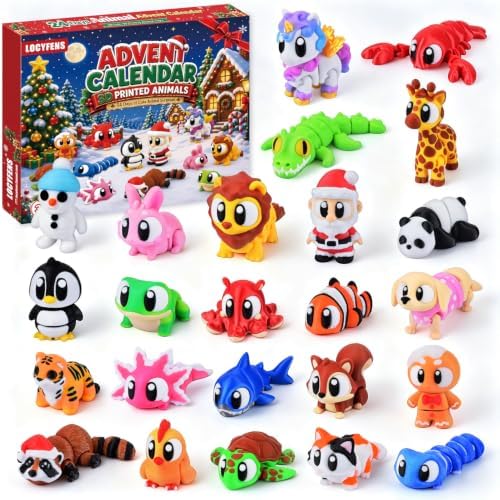 LOCYFENS Adventskalender 2026 Kinder 3D Tiere 24 Tage Weihnachten Spielzeug | 24 pcs 3D Gedrucktes Fidget Spielzeug, Gelenkte Flexible Figuren Weihnachts geschenk für Jungen Mädche