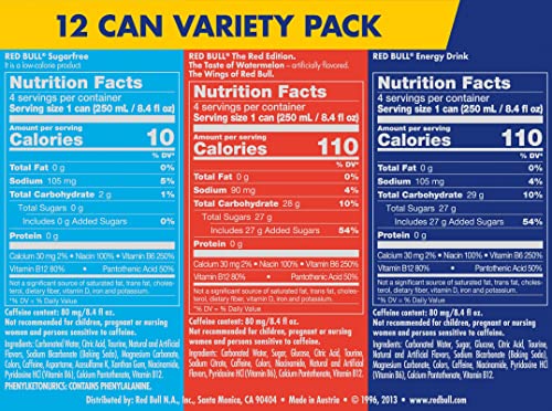 Image of Red Bull Energy Drink Variety Pack, Original, Sugar Free & Watermelon, with 80mg Caffeine plus Taurine & B Vitamins, 8.4 Fl Oz, Pack of 24 Cans
