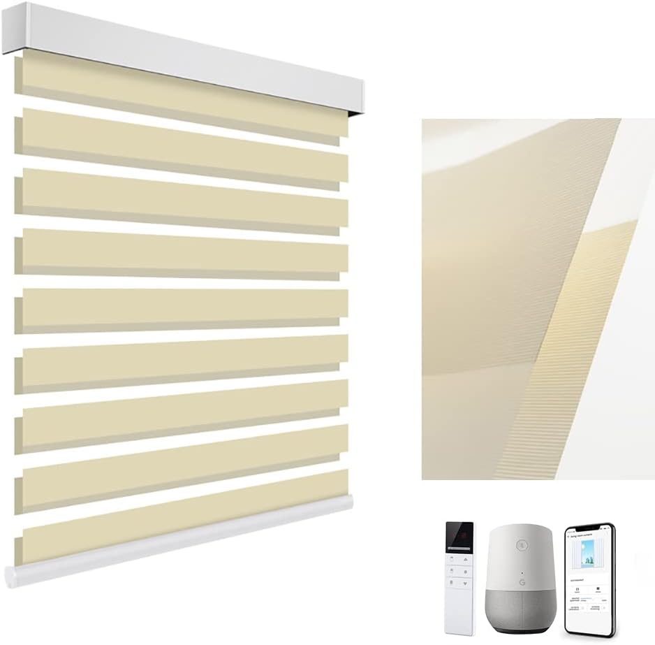 TIPIACE Smart Hard-Wired Ｍotorized Zebra Blinds Waterproof Crease-Free Half Blackout Fabric Electric Window Shades for Office Home Compatible Alexa Google via Hub (Beige)