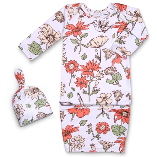 MVUOCR Newborn Baby Girl Sleeper Gown, Soft Breathable Newborn Sleepers with Bottom Fold-Over Pouch & Mittens,Long Sleeve Infant Sleepwear with Hat,Babys Gifts Essential Outfit Orange Flower