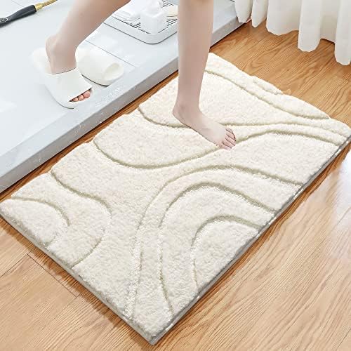 DEXDE Bathroom Rugs Mat, Soft Plush Shaggy Microfiber Bath Rug, Non Slip Bath Mats for Bathroom Floor, Machine Washable Absorbent Carpet for Shower Tub, White 20"x32"