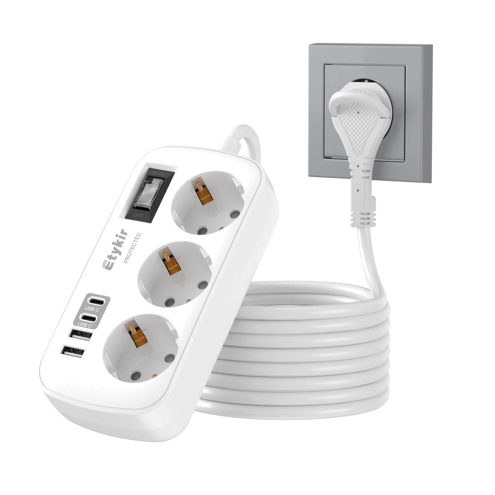 Verlängerungskabel Flachstecker, 3 Fach Steckdosenleiste mit 4 USB(2 USB C), 2M Kabel Steckdosenleiste mit Überspannungsschutz， Mehrfachsteckdose Flacher Stecker für Hause Büro Reisen, Weiß